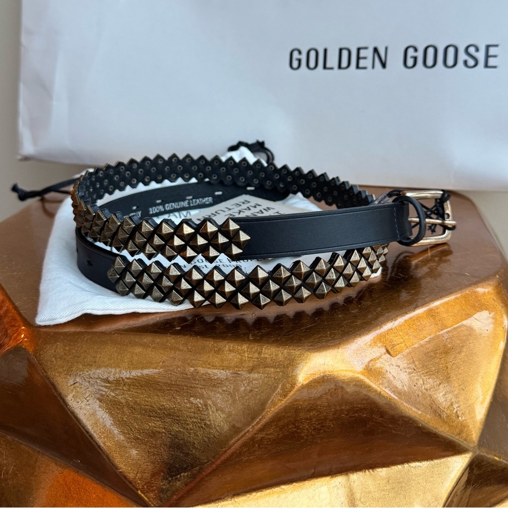 NWT Golden Goose Leather Punk belt, washed leather, studs, gold black, size 80